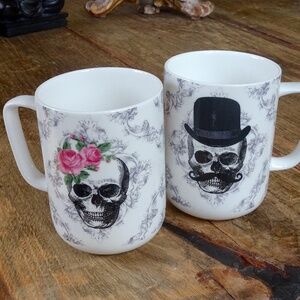 His & Hers Portobello By Design Bone Chine Steampunk Halloween Skull Coffee Mugs